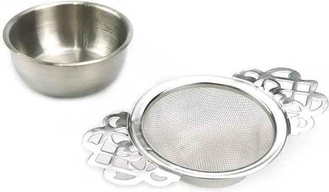 Main image of Silver Stainless Steel Tea Strainer with Drip Bowl Set with Handle