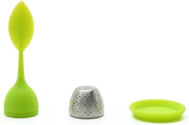 Alt view image 2 of 3 - Ball Silicone Tea Infuser Strainer with Drip Tray Handle Steel Ball Silicone Leaf Lid
