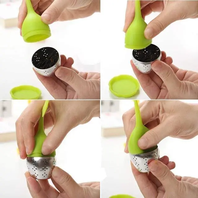 Alt view image 3 of 3 - Ball Silicone Tea Infuser Strainer with Drip Tray Handle Steel Ball Silicone Leaf Lid
