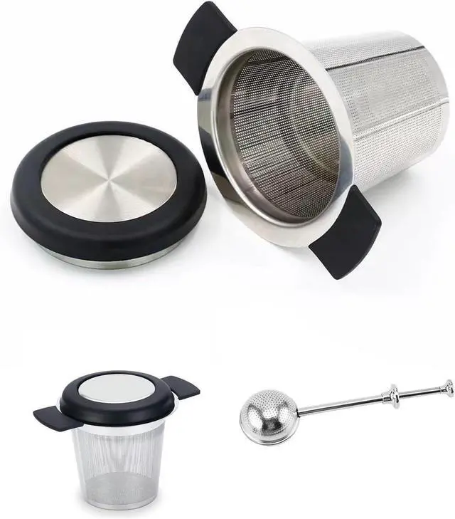 Main image of Stainless Steel Tea Infuser Set + 1 Round Expandable Ball + Fine Mesh Strainer Steeper (Large Capacity Basket), Heat-Proof Handles & Lid, Fits Teapots, Mugs, Cups