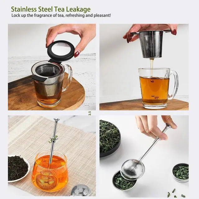 Alt view image 3 of 6 - Stainless Steel Tea Infuser Set + 1 Round Expandable Ball + Fine Mesh Strainer Steeper (Large Capacity Basket), Heat-Proof Handles & Lid, Fits Teapots, Mugs, Cups