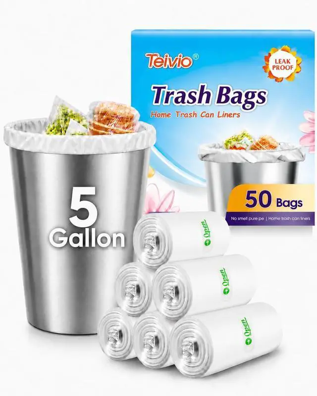 Main image of Teivio Clear Trash Bags 5 Gallon 50 Count Bathroom Kitchen Garbage Bags