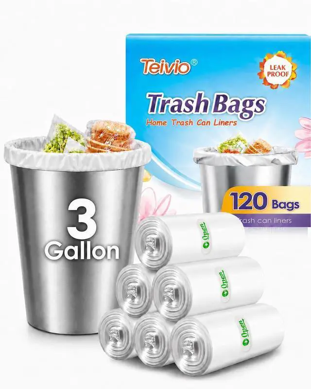 Main image of 3 Gallon 120 Counts Small Trash Bags 3 Gallon 3.1 Gallon 3.2 Gallon fit 10 liter Garbage Bags by Teivio, Waste Basket Bags,Bathroom Trash Can Bin Liners, Plastic Bags for home office kitchen, Clear