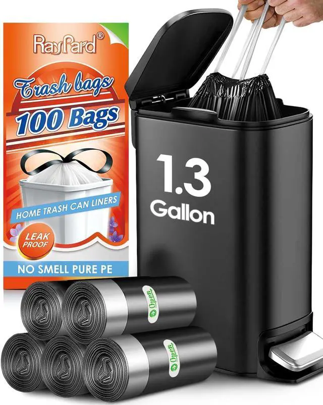 Main image of Small Drawstring Trash Bags 1.3 Gallon, Black, 100 Count