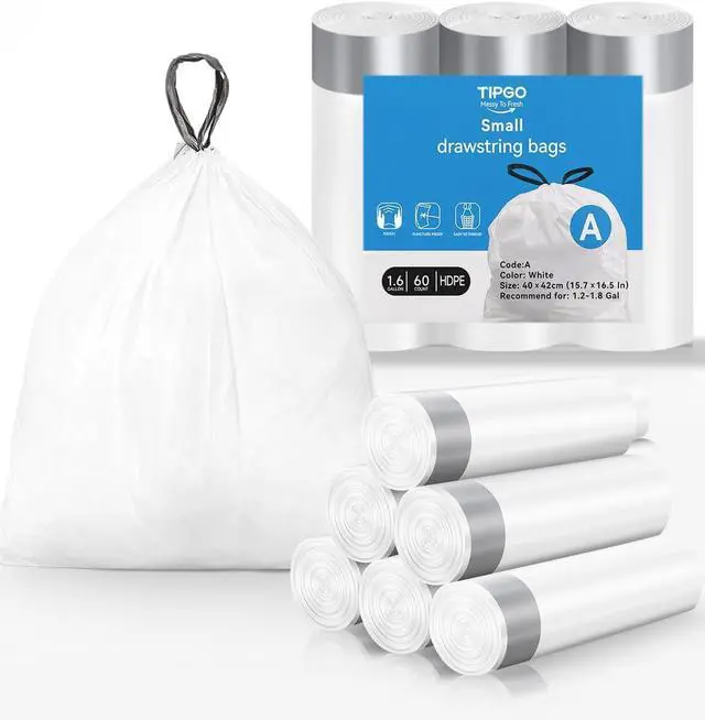 Main image of TIPGO Drawstring Trash Bags 60 Count, Pre-Cut 1.6 Gallon Small Garbage Bags, Fit 1.2-1.8 Gallon Trash Bin for Home, Office, Bathroom (Code A)