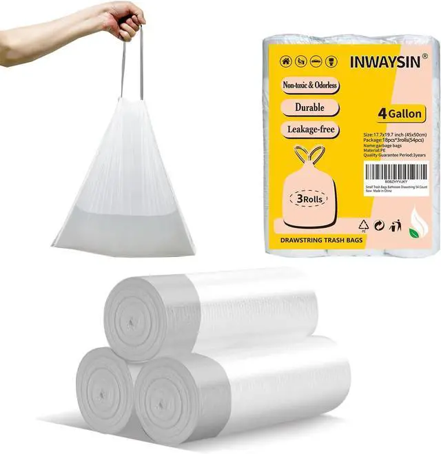 Main image of Small Trash Bags 4 Gallon Drawstring, Inwaysin 4 Gallon Trash Bag Extra Strong, Small Garbage Bags for Bathroom Can Bedroom Office Can, Unscented, Quick Cinch,15-18L, White, 54Count