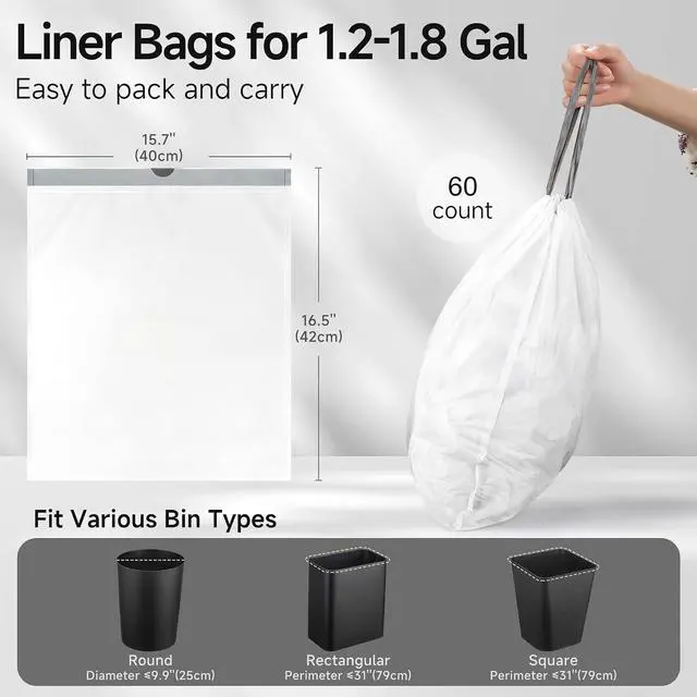 Alt view image 3 of 6 - TIPGO Drawstring Trash Bags 60 Count, Pre-Cut 1.6 Gallon Small Garbage Bags, Fit 1.2-1.8 Gallon Trash Bin for Home, Office, Bathroom (Code A)
