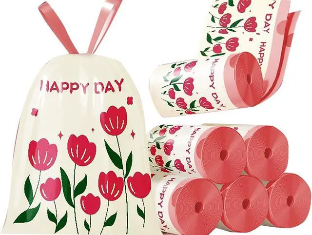 Main image of 4 Gallon Trash Bags 100pcs Drawstring Tearing-free for Bathroom Office Home Bedroom Trash Can with Pink Floral Printed Garbage Basket Bags (4Gallon 100pcs)