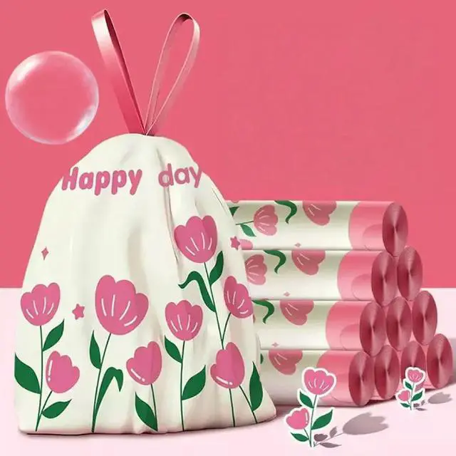 Alt view image 3 of 5 - 4 Gallon Trash Bags 100pcs Drawstring Tearing-free for Bathroom Office Home Bedroom Trash Can with Pink Floral Printed Garbage Basket Bags (4Gallon 100pcs)