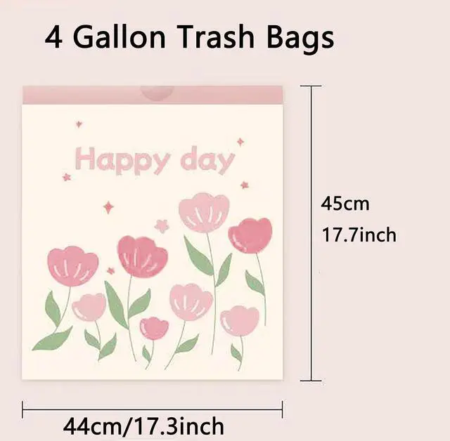 Alt view image 2 of 5 - 4 Gallon Trash Bags 100pcs Drawstring Tearing-free for Bathroom Office Home Bedroom Trash Can with Pink Floral Printed Garbage Basket Bags (4Gallon 100pcs)