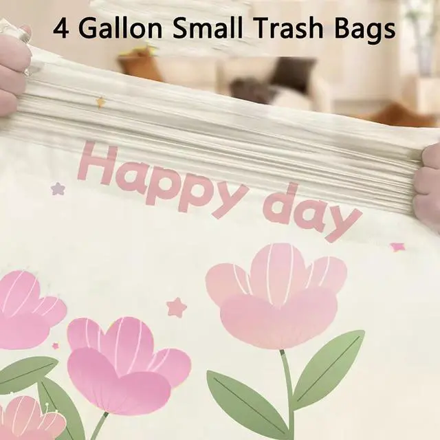 Alt view image 4 of 5 - 4 Gallon Trash Bags 100pcs Drawstring Tearing-free for Bathroom Office Home Bedroom Trash Can with Pink Floral Printed Garbage Basket Bags (4Gallon 100pcs)