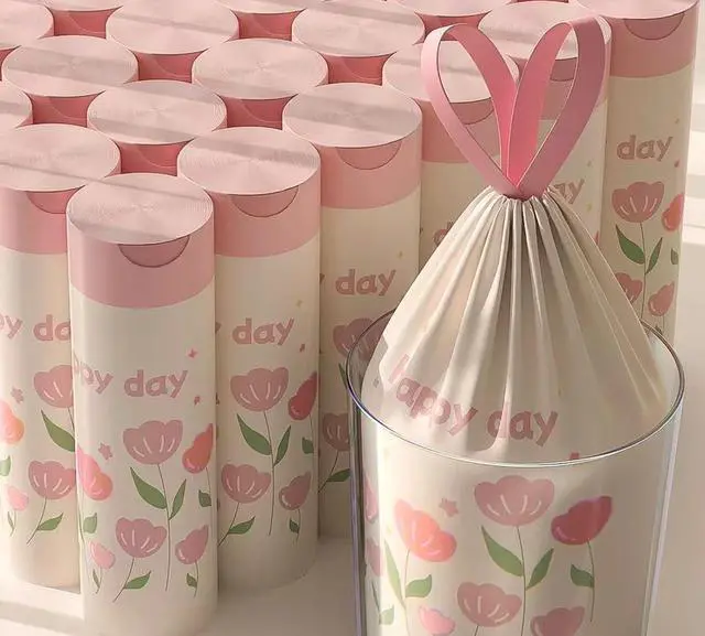Alt view image 5 of 5 - 4 Gallon Trash Bags 100pcs Drawstring Tearing-free for Bathroom Office Home Bedroom Trash Can with Pink Floral Printed Garbage Basket Bags (4Gallon 100pcs)