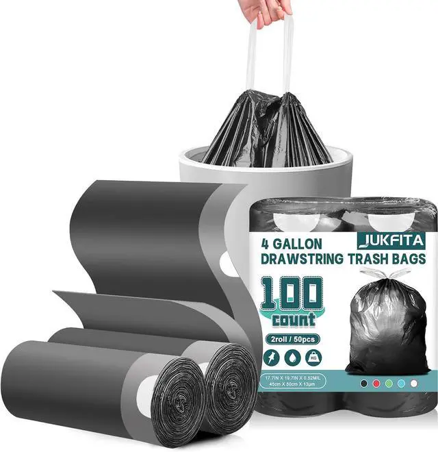 Main image of Small Trash Bags, 100 Count 4 Gallon Drawstring, Black