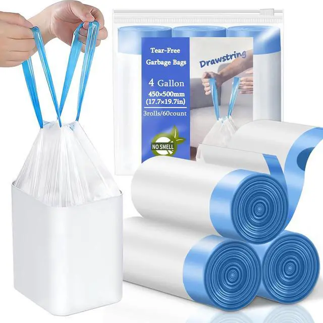 Main image of 4 Gallon Trash Bags Drawstring, Small Trash Bags Tear-Free, 4 Gal Unscented White Small Garbage Bags, Separated Thick Plastic Wastebasket Liners for Toilet Home Office and Bedroom, 60 Count