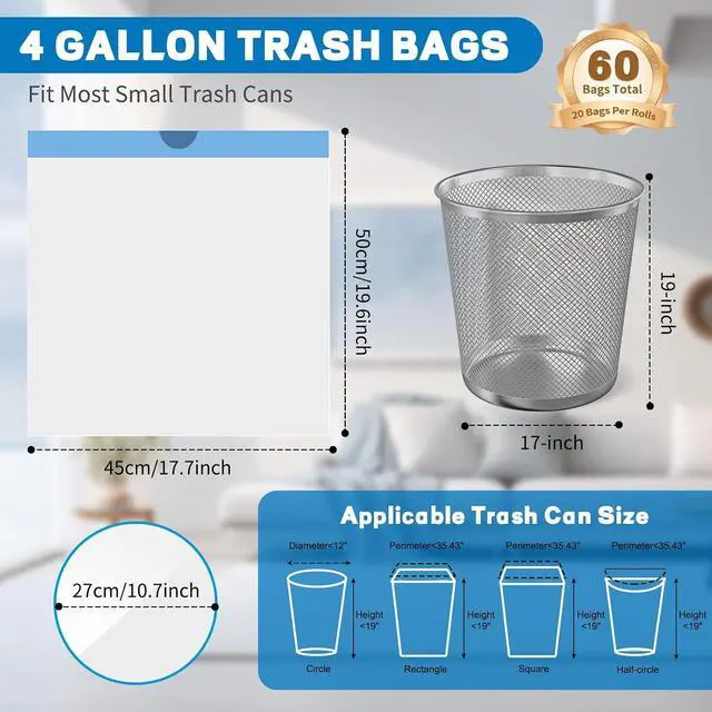 Alt view image 2 of 7 - 4 Gallon Trash Bags Drawstring, Small Trash Bags Tear-Free, 4 Gal Unscented White Small Garbage Bags, Separated Thick Plastic Wastebasket Liners for Toilet Home Office and Bedroom, 60 Count