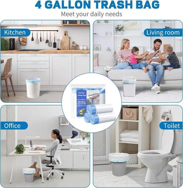 Alt view image 7 of 7 - 4 Gallon Trash Bags Drawstring, Small Trash Bags Tear-Free, 4 Gal Unscented White Small Garbage Bags, Separated Thick Plastic Wastebasket Liners for Toilet Home Office and Bedroom, 60 Count
