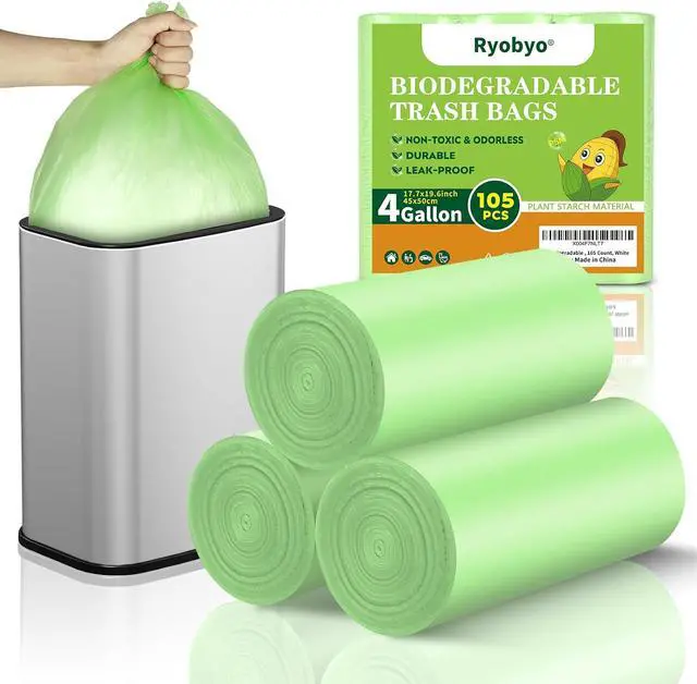 Main image of Biodegradable Small Trash Bags 4 Gallon, 105 Counts Unscented Bathroom Trash Bags, Easy Tearing Small Garbage Bags for Bathroom Bedroom Office, Green