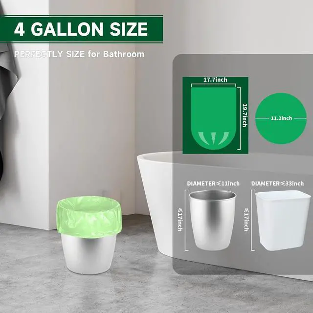 Alt view image 3 of 6 - Biodegradable Small Trash Bags 4 Gallon, 105 Counts Unscented Bathroom Trash Bags, Easy Tearing Small Garbage Bags for Bathroom Bedroom Office, Green