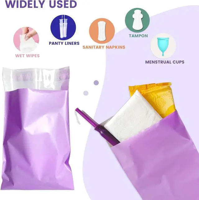 Alt view image 3 of 7 - Disposal Sanitary Napkin Bags, 100 Pcs, Purple Disposable Plastic trash bag with Self-sealing for Odor-proof, disposal of Feminine Hygiene or Pet Waste, 10" x 6"