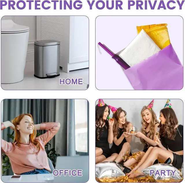 Alt view image 4 of 7 - Disposal Sanitary Napkin Bags, 100 Pcs, Purple Disposable Plastic trash bag with Self-sealing for Odor-proof, disposal of Feminine Hygiene or Pet Waste, 10" x 6"