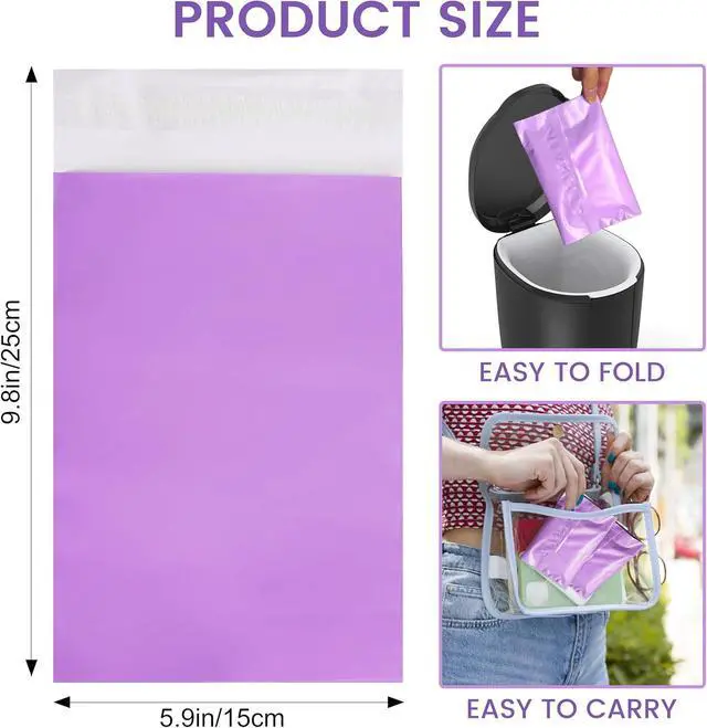 Alt view image 5 of 7 - Disposal Sanitary Napkin Bags, 100 Pcs, Purple Disposable Plastic trash bag with Self-sealing for Odor-proof, disposal of Feminine Hygiene or Pet Waste, 10" x 6"