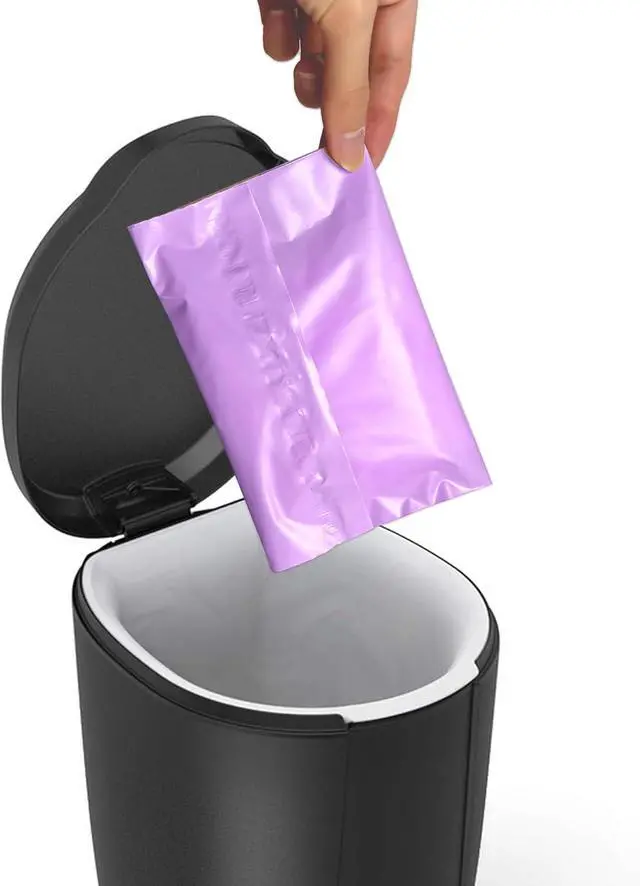 Alt view image 6 of 7 - Disposal Sanitary Napkin Bags, 100 Pcs, Purple Disposable Plastic trash bag with Self-sealing for Odor-proof, disposal of Feminine Hygiene or Pet Waste, 10" x 6"
