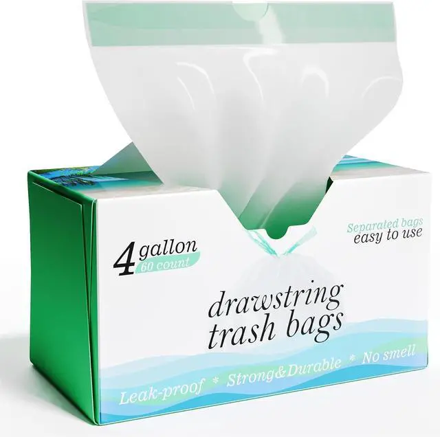 Main image of 4 Gallon Drawstring Trash Bags - 0.5 Mil Strong - Small Garbage Bags - for Office Bathroom Kitchen - Individual, Unscented, White, 19" x 19", 60 Count
