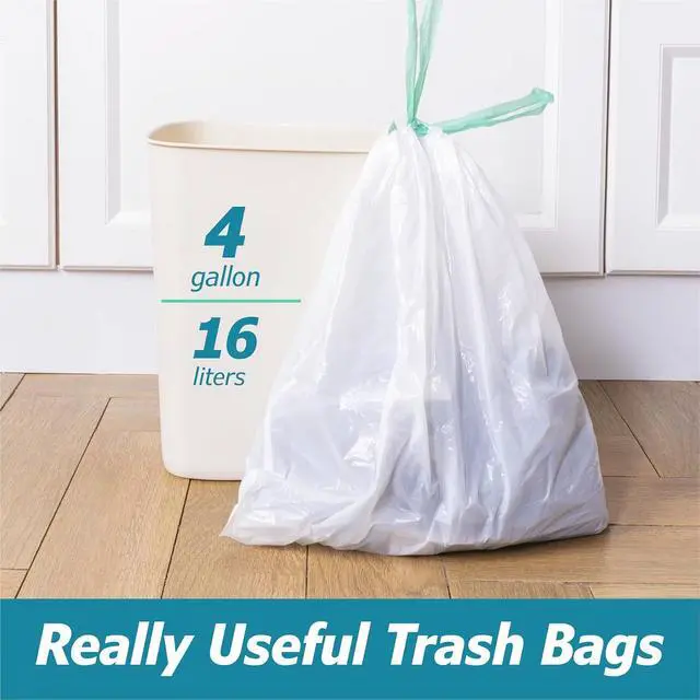 Alt view image 2 of 7 - 4 Gallon Drawstring Trash Bags - 0.5 Mil Strong - Small Garbage Bags - for Office Bathroom Kitchen - Individual, Unscented, White, 19" x 19", 60 Count