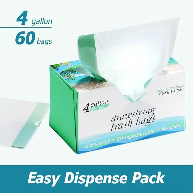 Alt view image 7 of 7 - 4 Gallon Drawstring Trash Bags - 0.5 Mil Strong - Small Garbage Bags - for Office Bathroom Kitchen - Individual, Unscented, White, 19" x 19", 60 Count