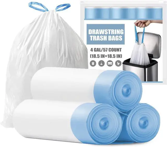Main image of Small Trash Bags 4 Gallon - Drawstring 4 Gallon Trash Bag, Tear-Free 4 Gal Small Garbage Bags, Separated Unscented White Small Trash Bags Bathroom Trash Bags, 57 Count