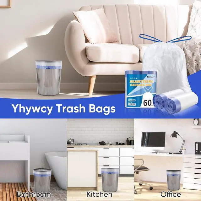 Alt view image 5 of 7 - Trash Bags 6 Gallons Drawstring Garbage Bags 60 Count for Office, Living Room, Kitchen and Bathroom Trash Cans- Thickened, Stretchy, Unscented