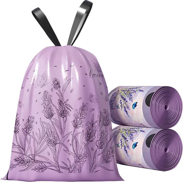 Main image of 100pcs 2.6 Gallon Small Trash Bags Tearing-Free Drawstring for Bathroom Office Home Bedroom Trash Can with Purple Lavender Printed Garbage Basket Bags (2.6 Gallon Purple, 100 Count)