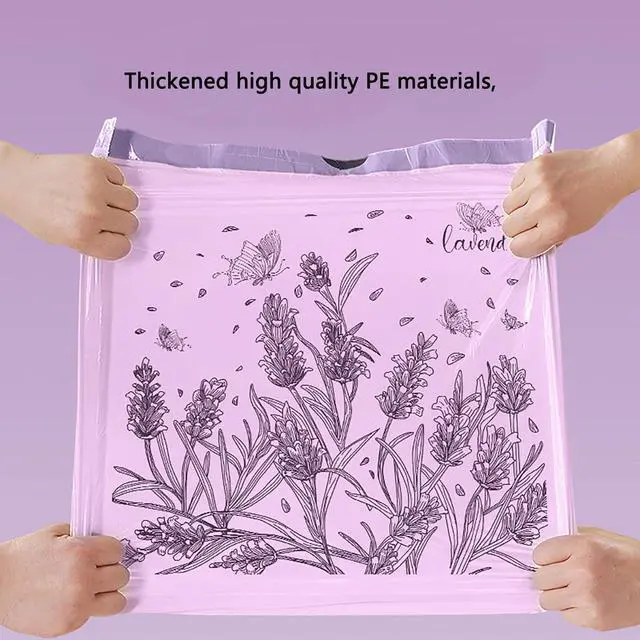 Alt view image 2 of 7 - 100pcs 2.6 Gallon Small Trash Bags Tearing-Free Drawstring for Bathroom Office Home Bedroom Trash Can with Purple Lavender Printed Garbage Basket Bags (2.6 Gallon Purple, 100 Count)