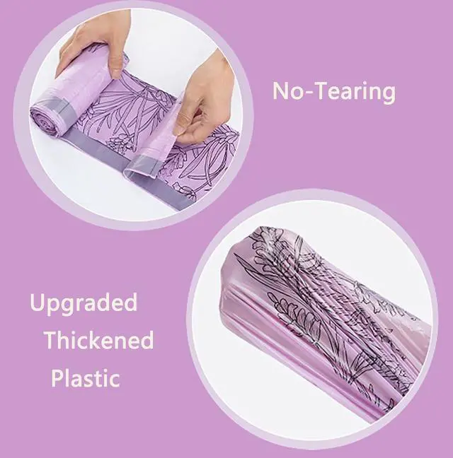 Alt view image 3 of 7 - 100pcs 2.6 Gallon Small Trash Bags Tearing-Free Drawstring for Bathroom Office Home Bedroom Trash Can with Purple Lavender Printed Garbage Basket Bags (2.6 Gallon Purple, 100 Count)