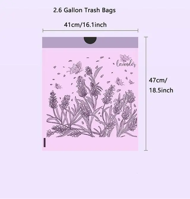 Alt view image 4 of 7 - 100pcs 2.6 Gallon Small Trash Bags Tearing-Free Drawstring for Bathroom Office Home Bedroom Trash Can with Purple Lavender Printed Garbage Basket Bags (2.6 Gallon Purple, 100 Count)