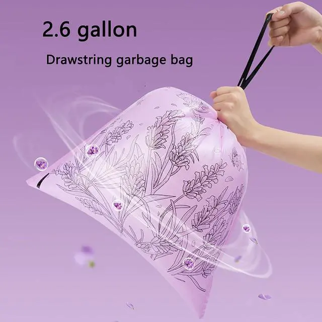 Alt view image 7 of 7 - 100pcs 2.6 Gallon Small Trash Bags Tearing-Free Drawstring for Bathroom Office Home Bedroom Trash Can with Purple Lavender Printed Garbage Basket Bags (2.6 Gallon Purple, 100 Count)