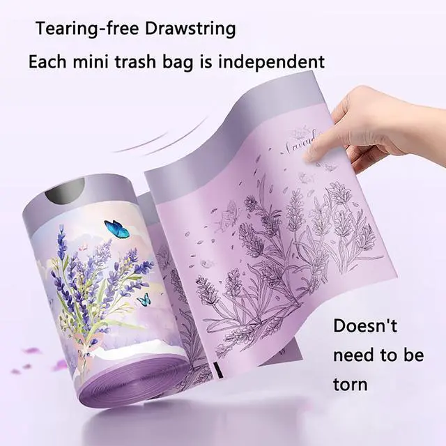 Alt view image 6 of 7 - 100pcs 2.6 Gallon Small Trash Bags Tearing-Free Drawstring for Bathroom Office Home Bedroom Trash Can with Purple Lavender Printed Garbage Basket Bags (2.6 Gallon Purple, 100 Count)