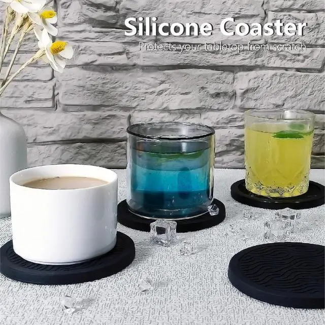 Alt view image 2 of 7 - Set of 4 Black Silicone Coasters, Double-Sided Absorbent Felt & Non-Slip Cup Mats for Hot Cold Drinks, Deep Tray Design Table Desk Outdoor Use