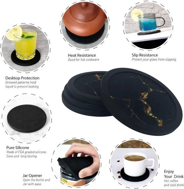 Alt view image 4 of 7 - Set of 4 Black Silicone Coasters, Double-Sided Absorbent Felt & Non-Slip Cup Mats for Hot Cold Drinks, Deep Tray Design Table Desk Outdoor Use