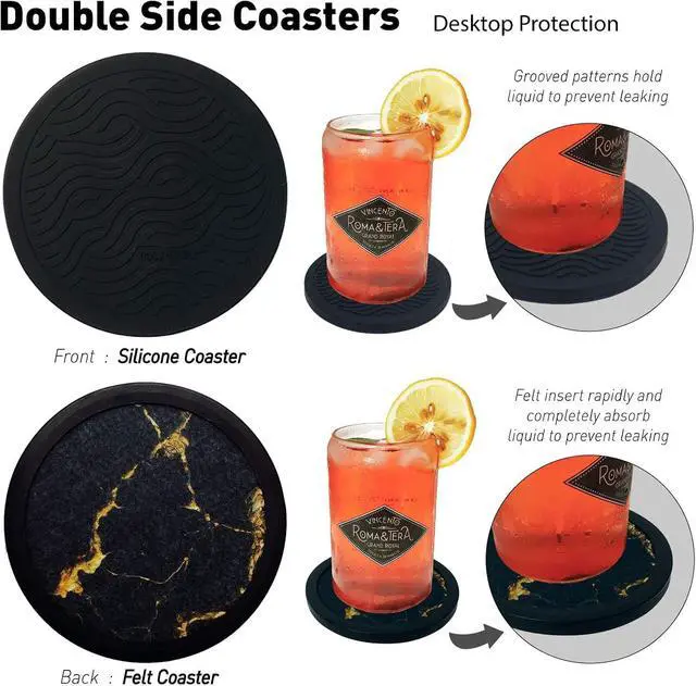 Alt view image 5 of 7 - Set of 4 Black Silicone Coasters, Double-Sided Absorbent Felt & Non-Slip Cup Mats for Hot Cold Drinks, Deep Tray Design Table Desk Outdoor Use