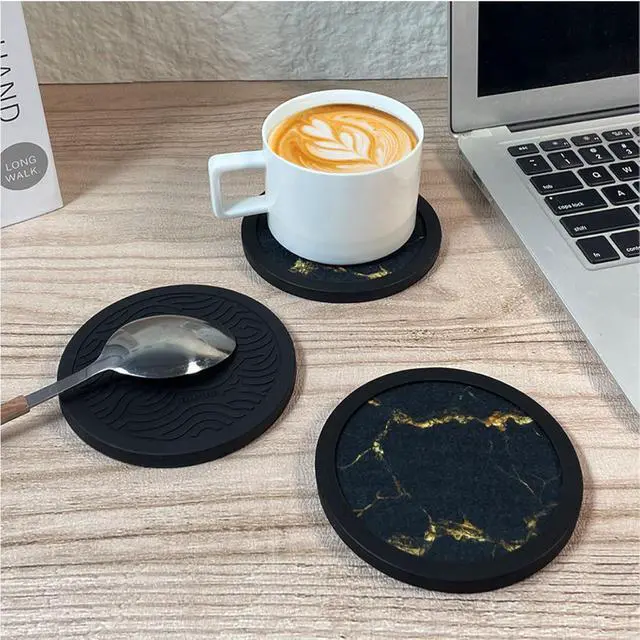Alt view image 6 of 7 - Set of 4 Black Silicone Coasters, Double-Sided Absorbent Felt & Non-Slip Cup Mats for Hot Cold Drinks, Deep Tray Design Table Desk Outdoor Use