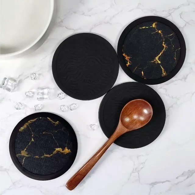 Alt view image 7 of 7 - Set of 4 Black Silicone Coasters, Double-Sided Absorbent Felt & Non-Slip Cup Mats for Hot Cold Drinks, Deep Tray Design Table Desk Outdoor Use
