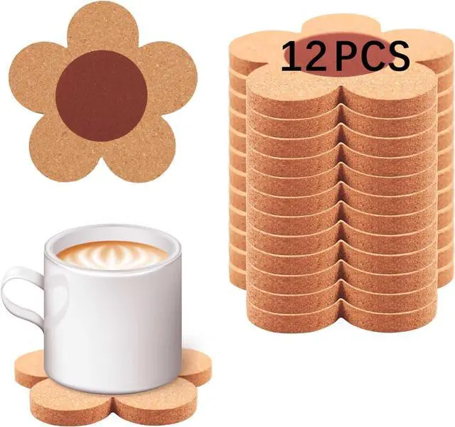 Main image of 12 PCS Flower Cork Coaster for Drinks, Absorbent and Reusable Non-Slip Heat Resistant Coffee Coasters, 100% Natural Cork 4 inch Flower Shape Farmhouse Rustic Wood Drink Coasters