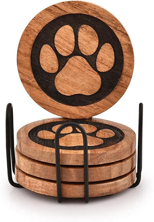 Main image of Kimona Coasters Set of 4 Wooden Paw Coaster with Iron Holder Stand for Table Protection, Home Decor, Housewarming Gift (4" x 4" x 0.5")