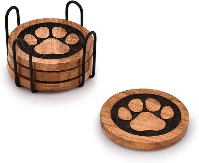 Alt view image 3 of 5 - Kimona Coasters Set of 4 Wooden Paw Coaster with Iron Holder Stand for Table Protection, Home Decor, Housewarming Gift (4" x 4" x 0.5")