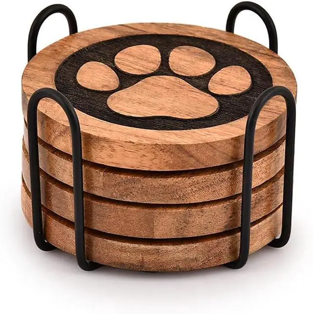 Alt view image 2 of 5 - Kimona Coasters Set of 4 Wooden Paw Coaster with Iron Holder Stand for Table Protection, Home Decor, Housewarming Gift (4" x 4" x 0.5")