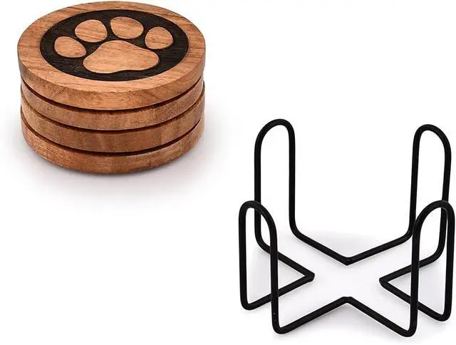 Alt view image 4 of 5 - Kimona Coasters Set of 4 Wooden Paw Coaster with Iron Holder Stand for Table Protection, Home Decor, Housewarming Gift (4" x 4" x 0.5")