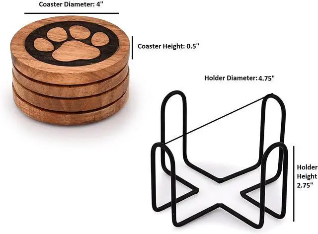 Alt view image 5 of 5 - Kimona Coasters Set of 4 Wooden Paw Coaster with Iron Holder Stand for Table Protection, Home Decor, Housewarming Gift (4" x 4" x 0.5")