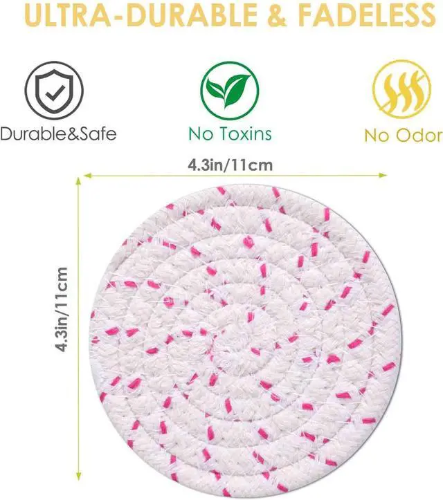 Alt view image 2 of 7 - Drink Coasters 8 Pack with Holder, 4-Color Cotton Woven Absorbent Coasters Set, Minimalist 4.3in Cup Mat for Home Decor, Dining Table, Living Room, Tabletop-Protection for Coffee Beverage-Pink