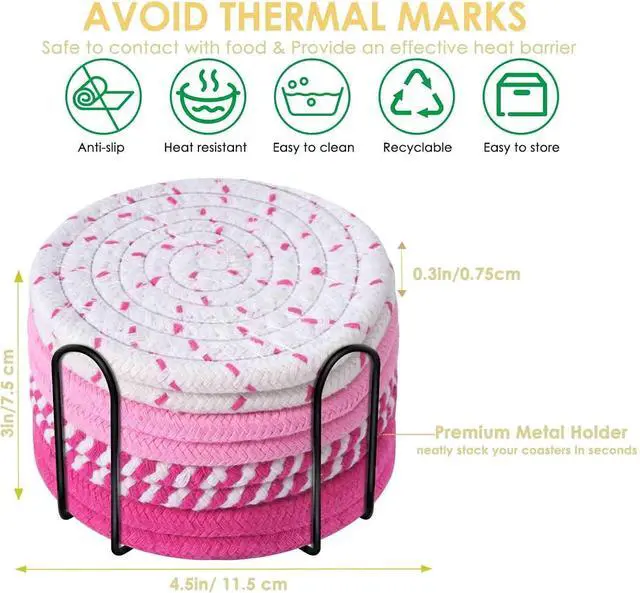 Alt view image 3 of 7 - Drink Coasters 8 Pack with Holder, 4-Color Cotton Woven Absorbent Coasters Set, Minimalist 4.3in Cup Mat for Home Decor, Dining Table, Living Room, Tabletop-Protection for Coffee Beverage-Pink